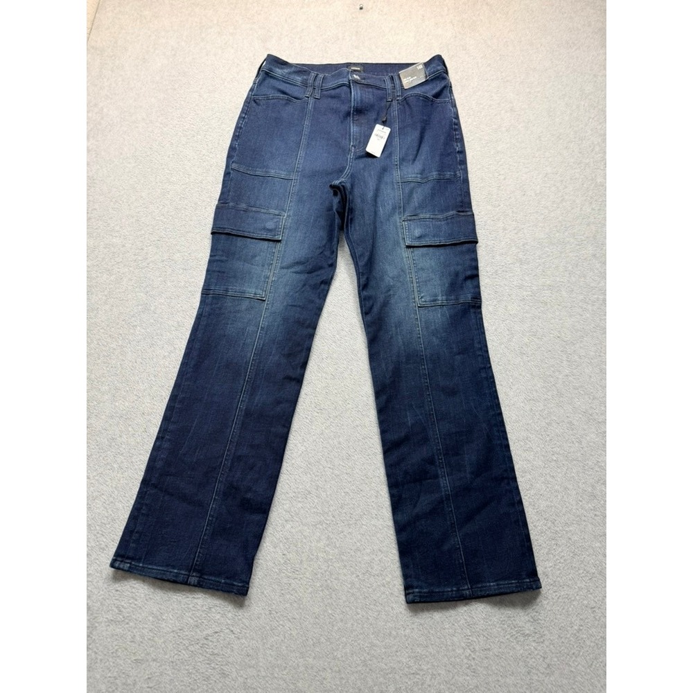 Express Womens High Waisted Cargo Straight Leg Jeans Dark Wash Blue Size 14